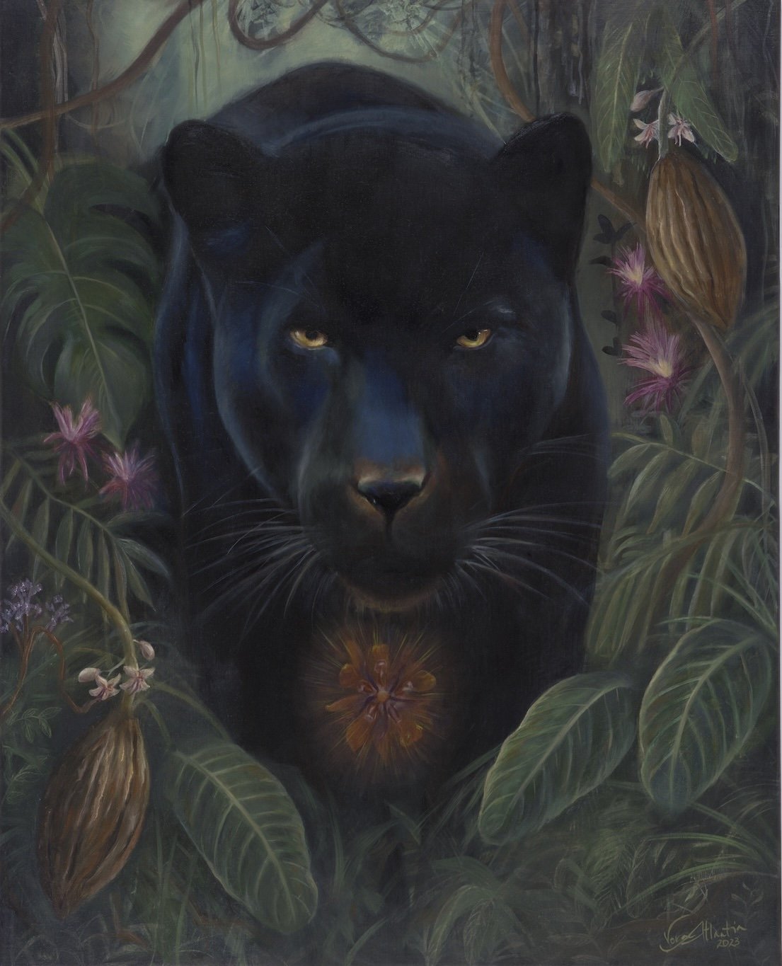 Kakao Spirit, Krafttier-Ölmalerei mit schwarzem Panther