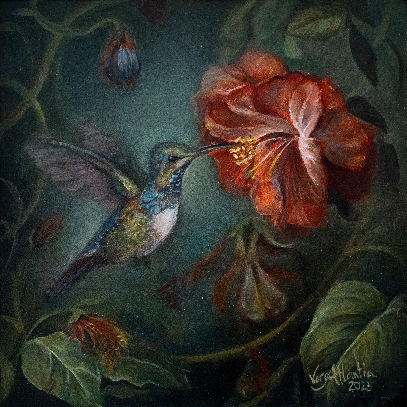 Ölgemälde Kolibri und Blüte