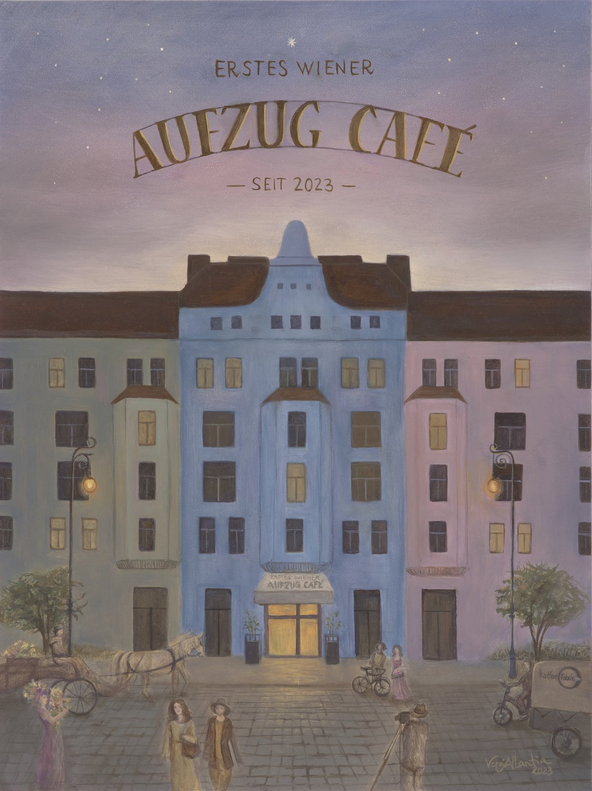 Illustrative Ölmalerei eines Wiener Aufzugcafés